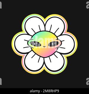 Drôle de visage de fleur extraterrestre.Vector dessin animé logo.Smile groovy camomille visage de fleur, acide, techno, trippy imprimé pour t-shirt, poster art concept Illustration de Vecteur