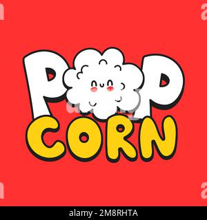 Modèle de logo de pop-corn mignon Happy Funny. Vecteur dessin à la main dessin dessin de personnage kawaii autocollant icône logo. Concept d'affiche à motif personnages de pop-corn mignon Happy Illustration de Vecteur