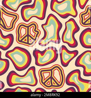 Motif fluide style hippie 60s.Illustration vectorielle dessinée à la main.signe de paix,imprimé de papier peint abstrait hippie sans couture Illustration de Vecteur