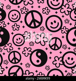 Yin Yang, signe de paix hippie, visage de sourire sans couture motif.Vector dessin main dessin de personnage de dessin animé illustration.Yin Yang, ying, visage de sourire, acide, amour symbole de paix hippie sans couture motif papier peint imprimé Illustration de Vecteur