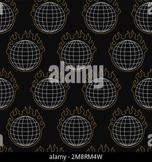 Globe Earth sphère grille brûlée dans le motif sans couture de feu. Illustration de fond d'écran moderne de style vectoriel dessiné à la main. Terre brûlée planète spere, brûlure, feu, grille méridienne sans couture modèle. Illustration vectorielle Illustration de Vecteur