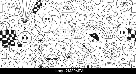 Trippy 60s hippie style psychédélique sans couture motif.Vector Crazy doodle caractère illustration.Smile groovy visages, géométrie sans couture motif vintage papier peint art concept Illustration de Vecteur