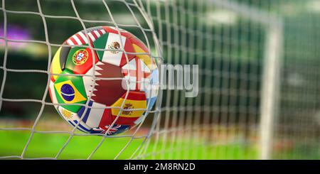 Ballon de football avec drapeaux des pays du monde marquant le but sur une coupe du monde. 3d illustration Banque D'Images