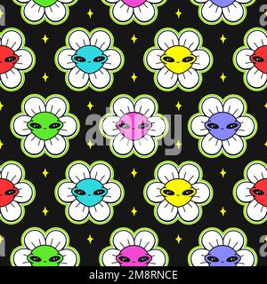 Mignon drôle kawaii alien visage de fleur sans couture motif art.Vector dessin animé kawaii personnage illustration design.positive vintage visage de sourire, alien, fleur sans couture concept de motif Illustration de Vecteur