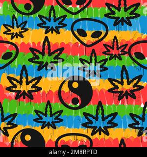 Feuille de cannabis,extraterrestre,Yin Yang tie teigne sans couture arrière-plan.Vector tie teigne illustration.60s style,hippie,mauvaises herbes,marijuana sans couture motif art Illustration de Vecteur