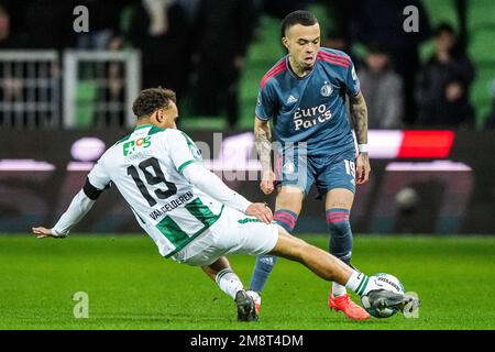 Groningen - Liam van Gelderen du FC Groningen, Quilindschy Hartman de Feyenoord pendant le match entre le FC Groningen et le Feyenoord à de Euroborg, le 15 janvier 2023 à Groningen, pays-Bas. (Box to Box Pictures/Tom Bode) Banque D'Images