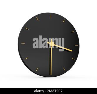 Un rendu 3D de l'horloge noire avec des flèches dorées isolées sur le fond blanc vide Banque D'Images