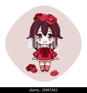 Adorable et kawaii fille avec des coquelicots rouges. Chibi Manga avec fleurs. Illustration de Vecteur