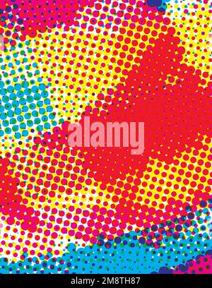 Motif artistique abstrait en demi-ton avec points rouges, bleus et jaunes. Arrière-plan d'art graphique vectoriel vertical. Couleurs CMJN Illustration de Vecteur