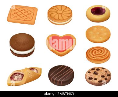 Cookies réalistes. Desserts cuits au sucre bon vecteur de couleur templates ensemble isolé Illustration de Vecteur