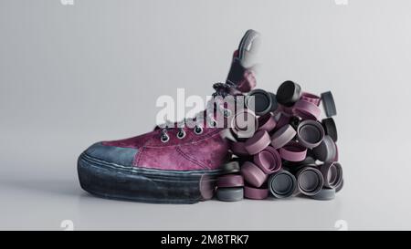 Une chaussure recyclée de Bootless CAPS concept écologique - une coupe abstraite d'une chaussure avec des bouchons de bouteille - rendu 3D Banque D'Images