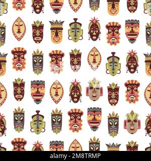 L'Afrique ethnique masque le fond. Rituel tiki de masque de bois. Totems art tribal à visage hawaïen. Modèle en tissu boho coloré, sans coutures style vectoriel élégant Illustration de Vecteur