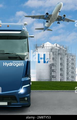 Avion et camion alimentés à l'hydrogène en arrière-plan du stockage de gaz. Nouvelles sources d'énergie Banque D'Images