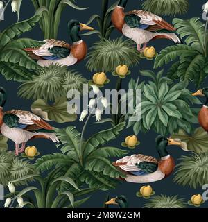 Motif sans couture avec canards et nénuphars dans l'étang. Vecteur. Illustration de Vecteur