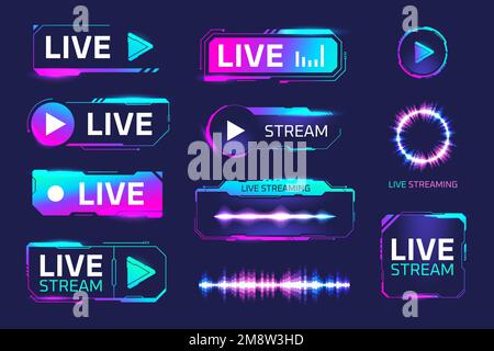 Boutons d'enregistrement de jeu. Jeux air live, radio en ligne gamers twitch équipement de diffusion streamer future technologie, écran néon panneaux médias montrer l'illustration vectorielle de la vidéo air en ligne Illustration de Vecteur