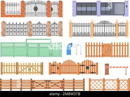 Barrières et clôtures de dessins animés. Portail de maison de jardin rural en bois en pierre ou en brique structure, entrée de ville clôtures en bois avec colonne moderne rambarde extérieure, illustration vectorielle de la bande dessinée de clôture rurale Illustration de Vecteur