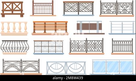 Balustrades de balcon. Garde-corps en bois et en acier inoxydable maison architecture d'escrime, main courante décorative terrasse verre balustrade banister en métal extérieur, illustration vectorielle soignée de l'architecture balustrade Illustration de Vecteur