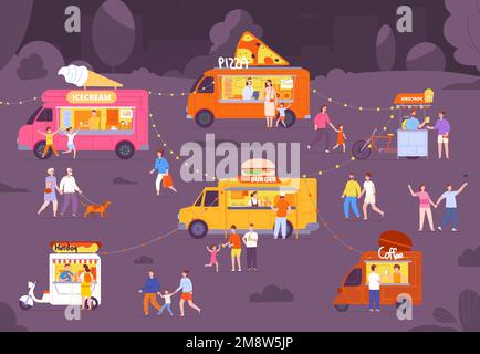 Dîner dans la rue le soir. Les gens stall Street Food Market, salon extérieur mangeant stand fairshops vacances été festival snacking artisanat comptoir restaurant splendide illustration vectorielle de la rue du marché de nuit Illustration de Vecteur