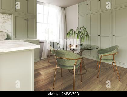 Salle à manger décorée dans un style minimaliste. Cuisine design intérieur. Table à manger avec chaise en tissu vert. Rideaux blancs sur les fenêtres. Réaliste 3D Banque D'Images
