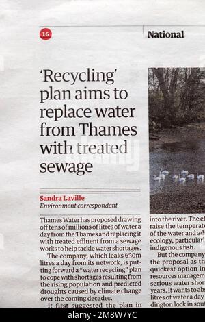 Le plan de «recyclage» vise à remplacer l'eau de la Tamise par des eaux usées traitées» journal titre River Thames Environment article 13 janvier 2023 Londres UK Banque D'Images