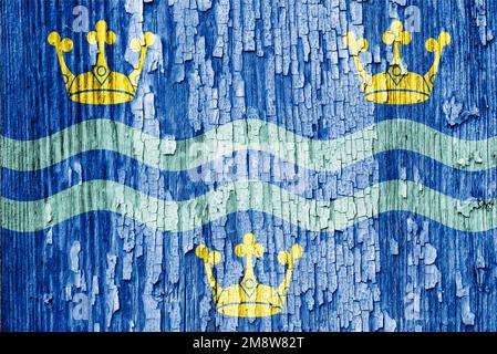 Drapeau de Cambridgeshire les trois couronnes d'or représentent l'est de l'Anglia, avec des lignes ondulées bleu clair représentant la rivière Cam dans les couleurs de Cambridge Banque D'Images