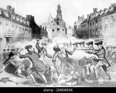 Le massacre de Boston, le massacre de Boston (connu en Grande-Bretagne sous le nom d'incident sur King Street[1]) était une confrontation à Boston sur 5 mars 1770, Dans lequel un groupe de neuf soldats britanniques ont tiré cinq personnes sur une foule de trois ou quatre cents qui les harcelaient verbalement et lançaient divers projectiles. L'événement a été fortement médiatisé comme un « massacre » par des patriotes de premier plan comme Paul Revere et Samuel Adams.[2][3][4] des troupes britanniques étaient stationnées dans la province de Massachusetts Bay depuis 1768 afin de soutenir cr Banque D'Images