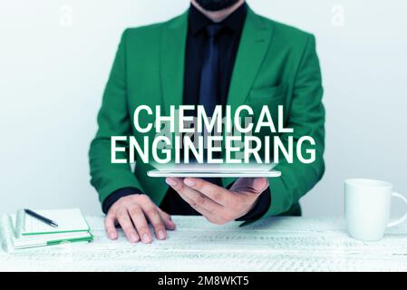 Légende du texte présentant l'ingénierie chimique. Approche commerciale développer des choses traitant de l'application industrielle de la chimie Banque D'Images