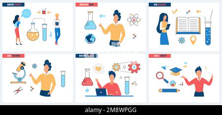 Idée novatrice du démarrage de la science moderne, du processus de développement des compétences et de la recherche sur les données ensemble illustration vectorielle. Caricature les gens minuscules étudient des livres pour la connaissance, travaillent avec des équipements de laboratoire scientifique Illustration de Vecteur