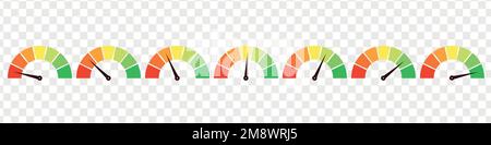 Jeu d'éléments de jauge de mesure différents. Baromètres vert et rouge, bas et haut, mauvais et bon niveau ou échelle de risque. Illustration vectorielle isolée Illustration de Vecteur