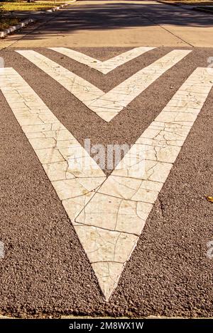 Flèches directionnelles fissurées et grungy peintes sur la rue résidentielle - asphalte très texturé avec une chaussée régulière avec des ombres sur les arbres à distance Banque D'Images