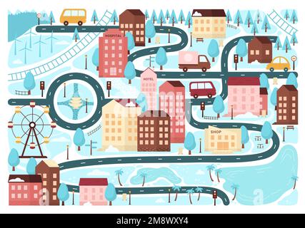 Illustration vectorielle de la carte de ville d'hiver. Dessin animé Noël maisons de ville mignonnes et route avec neige pour enfants jeu de société, papier peint de Noël avec de petits bâtiments et arbres, voitures sur le motif de rues, vue de dessus Illustration de Vecteur