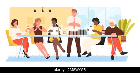 Illustrations vectorielles de réunion pour les professionnels. Caricature satisfaite des personnages hommes et femmes heureux assis à table pour discuter des problèmes et des idées d'entreprise, négocier pour le dialogue, patron debout près du bureau Illustration de Vecteur