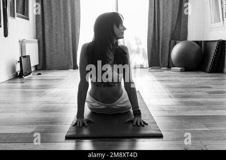 Vue de face d'une femme pratiquant le yoga, faisant de l'exercice de chien vers le haut Banque D'Images