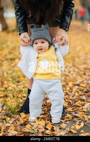 Le petit garçon apprend à faire les premiers pas en tenant les mains de maman en automne dans le parc Banque D'Images