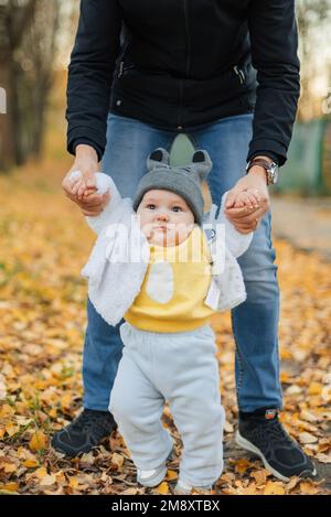 Le petit garçon apprend à faire les premiers pas en tenant les mains de papa en automne dans le parc Banque D'Images