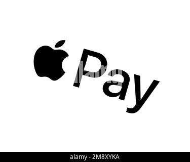 Apple Pay, logo pivoté, fond blanc B Banque D'Images