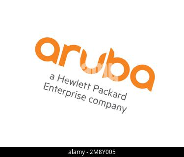 Aruba Networks, logo pivoté, fond blanc B Banque D'Images