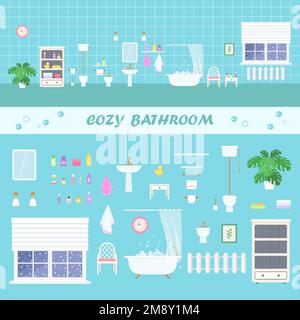 Clipart salle de bains intérieure avec baignoire rétro, cuvette de toilette, bidet, évier et accessoires sur fond bleu Illustration de Vecteur