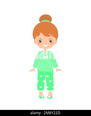 Personnage chibi girl habillé de pyjama vert, isolé sur fond blanc Illustration de Vecteur