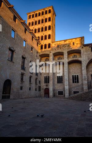 Place de la Plaça del Rei et tour Mirador del Rei Martí au lever du soleil, dans le quartier gothique de Barcelone (Catalogne, Espagne) Banque D'Images