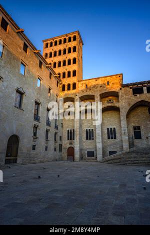 Place de la Plaça del Rei et tour Mirador del Rei Martí au lever du soleil, dans le quartier gothique de Barcelone (Catalogne, Espagne) Banque D'Images