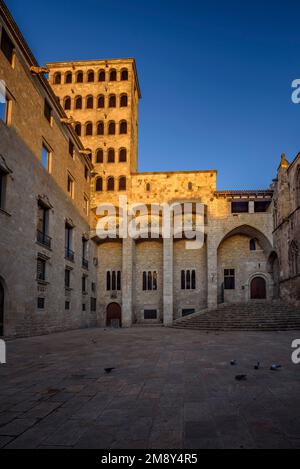 Place de la Plaça del Rei et tour Mirador del Rei Martí au lever du soleil, dans le quartier gothique de Barcelone (Catalogne, Espagne) Banque D'Images