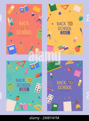 Ensemble de carte de rentrée avec fournitures scolaires colorées. Modèles colorés de rentrée pour invitation, affiche, bannière, promotion, vente. École Illustration de Vecteur