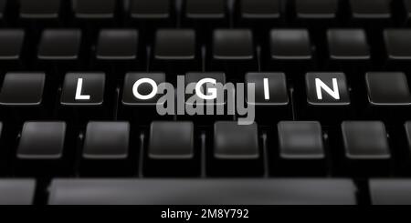 OUVERTURE DE SESSION texte en lettres blanches sur fond noir de clavier d'ordinateur portable. Compte, nom d'utilisateur, mot de passe, accès en ligne sécurisé. 3d rendu Banque D'Images