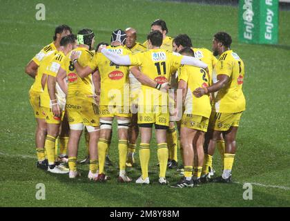 Équipe Stade Rochelais pendant la coupe des champions, match de rugby entre Stade Rochelais (la Rochelle) et Ulster Rugby sur 14 janvier 2023 au stade Marcel Deflandre à la Rochelle, France. Photo de Laurent Lairys/ABACAPRESS.COM Banque D'Images