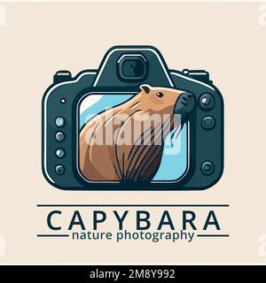 Illustration minimaliste d'un capybara émergeant d'un écran d'appareil photo comme une façon amusante d'illustrer la photographie de la nature Illustration de Vecteur