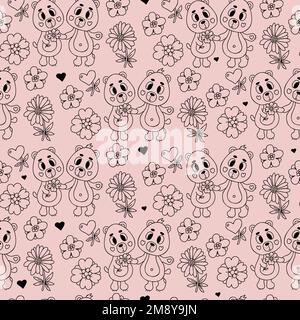 Motif romantique sans couture. Jolis ours émaillés avec fleurs sur fond rose clair. Illustration vectorielle de style doodle. Fond sans fin pour vale Illustration de Vecteur