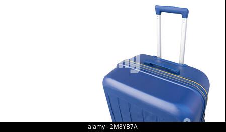Vue avant de la valise bleue avec long manche télescopique isolé sur fond blanc. Valise isolée. Valise de voyage tendance bleue. Voyage lugg Banque D'Images