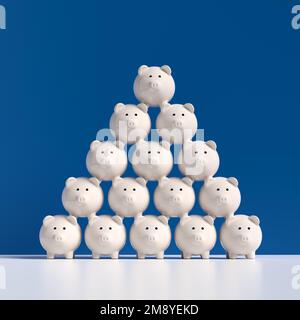 Croissance de l'épargne ou concept d'accumulation d'argent. Tour pyramidale de tirelires blanches empilées sur fond bleu. 3D rendu. Banque D'Images