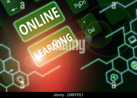 Légende conceptuelle apprentissage en ligne. Mot écrit sur Larning avec l'aide d'Internet et d'un ordinateur Banque D'Images